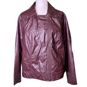 Women’s Burgundy Biker Moto Jacket Faux Leather Asym Zip Front Edgy Size 2XL